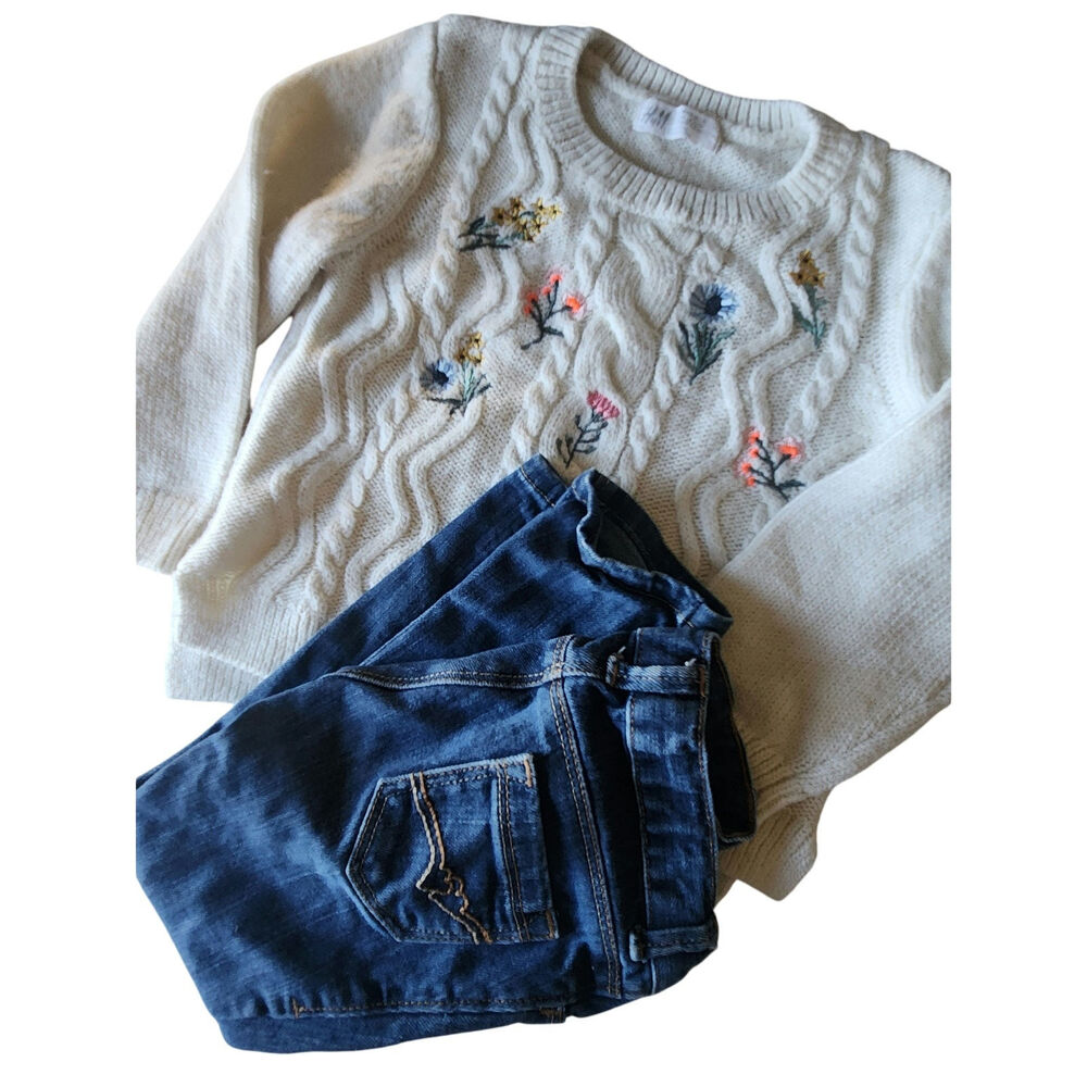 H&M Girls Cable knit sweater 2T-4T cream floral Outfit